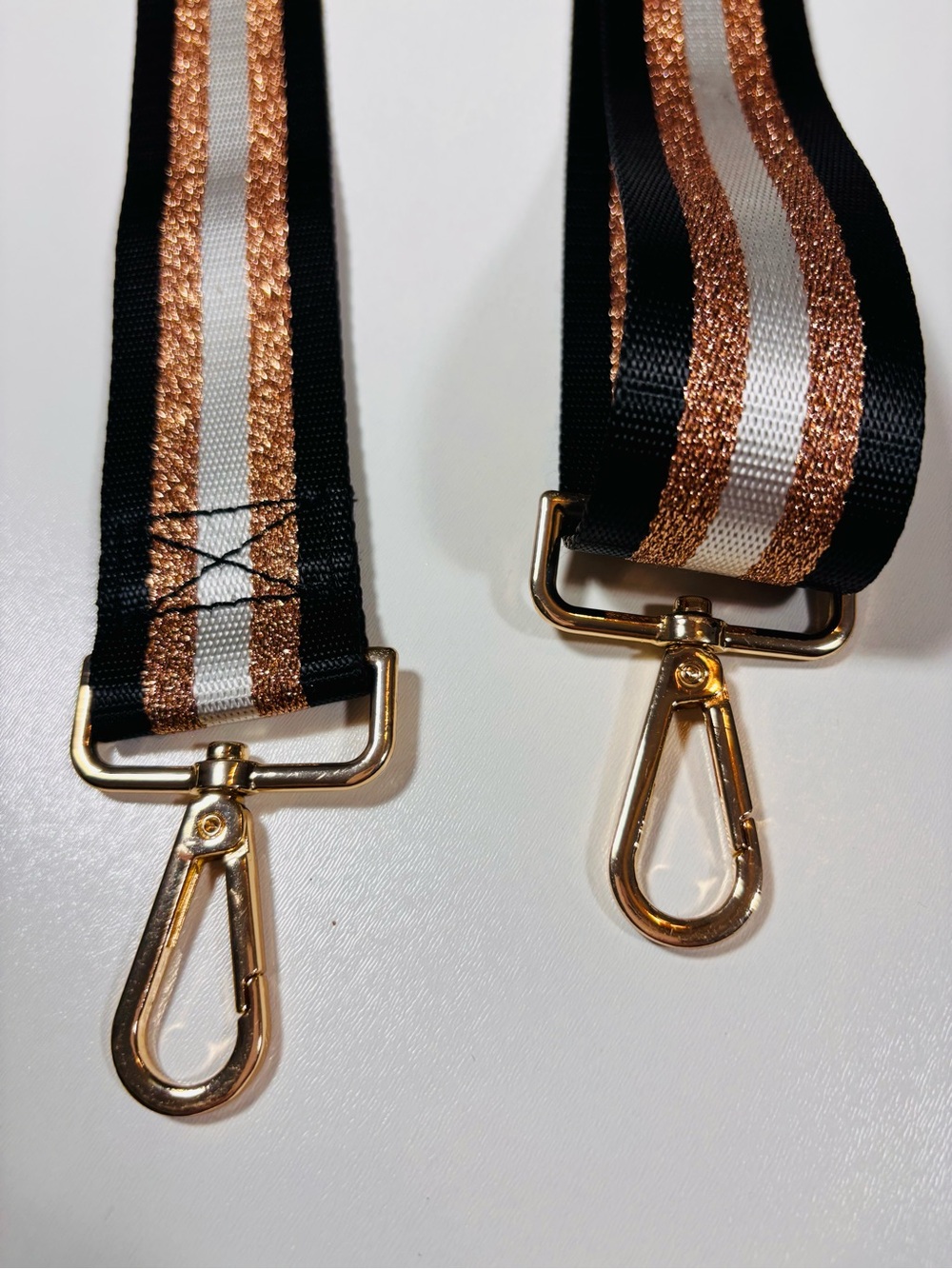 Purse Strap Black & Rose Gold Striped Adjustable Wide Woven Gold Hardware - Picture 2 of 4